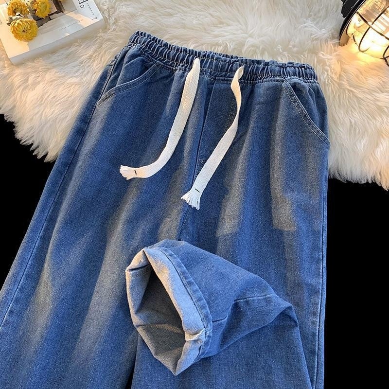 Straight Leg Jeans Young Men'S Hong Kong-Style Loose Casual Light Color Pants Student'S Micro-Elastic Elastic Waist Washed Cropped Pants - Image 1